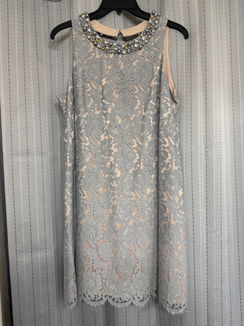 Eliza J Beaded Collar Lace Mini Dress in Light Gray and Nude